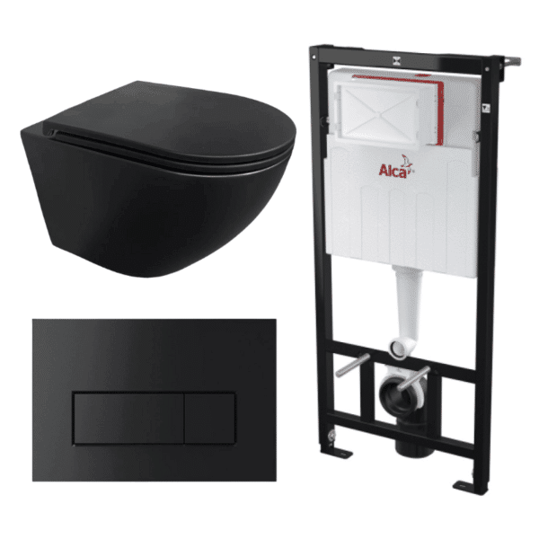 Kit Tanque Oculto A101, Taza Suspendida WC15NEGRO y Pulsador M578 Tecnobath-Alcaplast PWCS19-SADRO