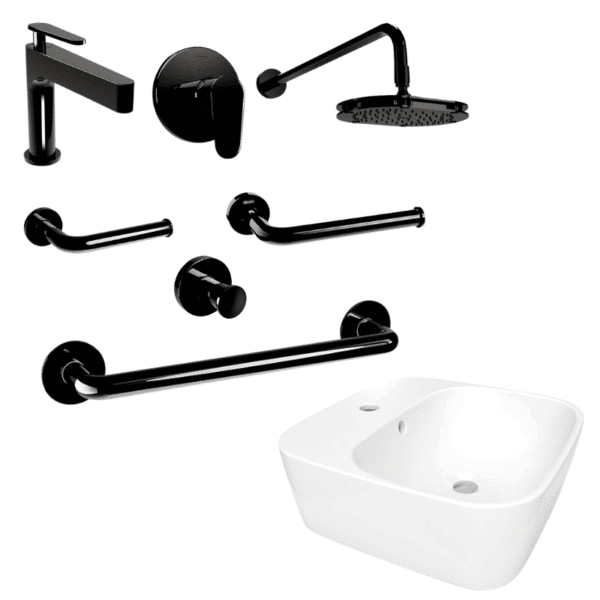 Paquete Obsidiana Santorini Monomandos + Regadera + Accesorios y Lavabo Helvex OB-SANTORINI1