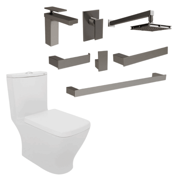 Paquete Titanium Capri Plus Monomandos + Regadera + Accesorios y WC One Piece Helvex TITANIUM-CAPRI P