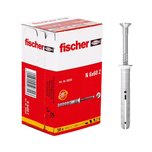Anclaje de Nylon con Tornillo de Acero N 6 x 60 Caja con 50 Piezas Fischer 50355